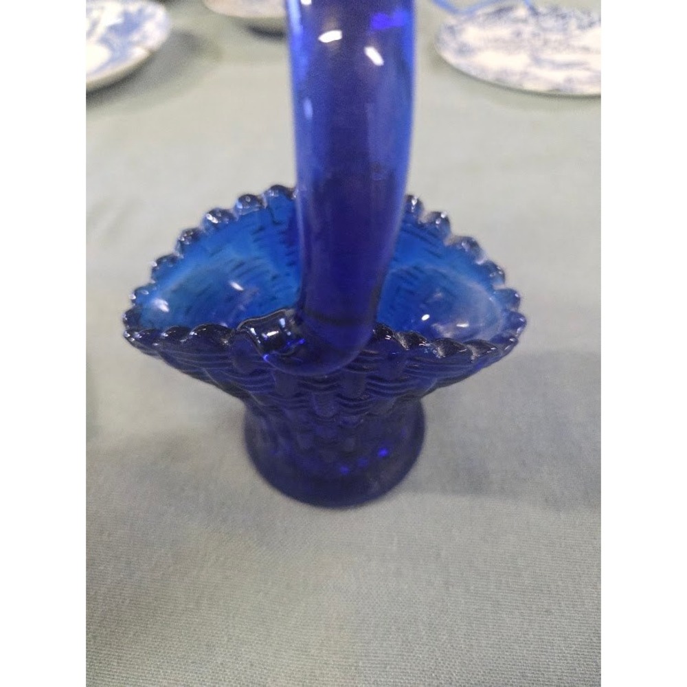 Vintage Cobalt Blue Glass Basket Candy Dish Woven Pattern Ruffled Edge Handle